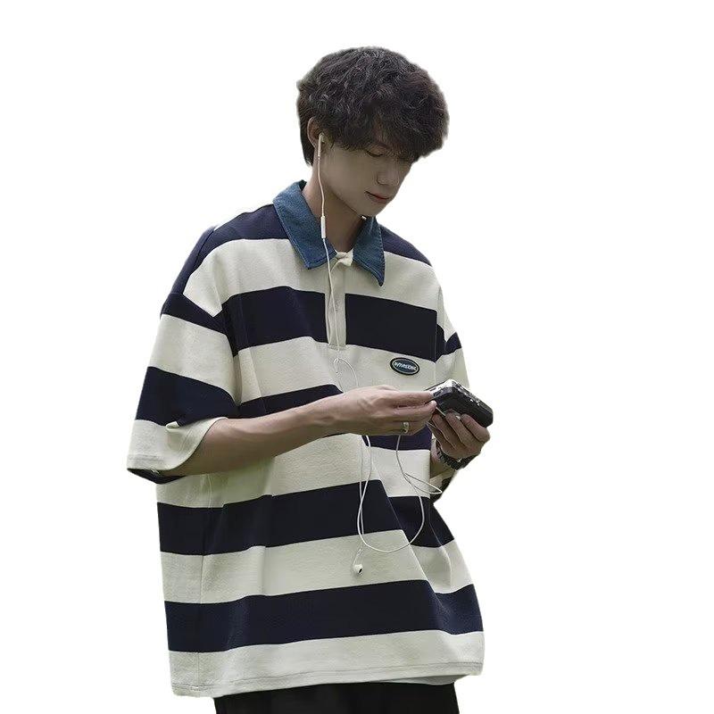 Унисекс американская ретро полоскатая футболка-поло - летняя свободная посадка, студенческий стиль, короткий рукав для модных пар