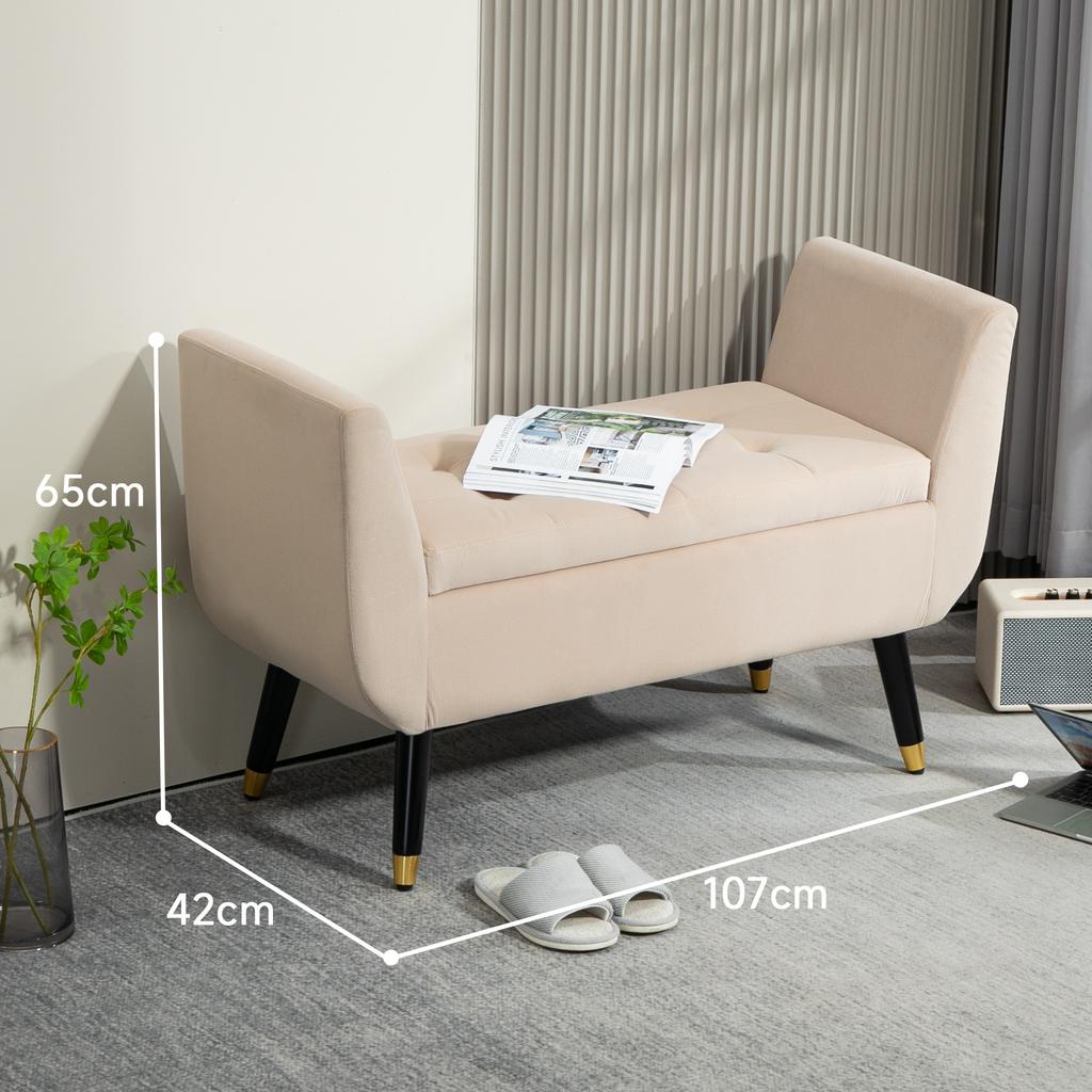 Upholstered Bench with Storage, Armrests, Velvet-Like Polyester, Rubberwood, 107 x 42 x 65 cm, Beige