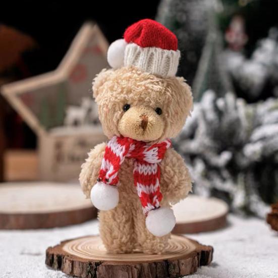 Плюшевый медведь Рождественское украшение Маленький мягкий медведь в вязаной шапке и шарфе Милые животные Настольное украшение для рождественских сувениров