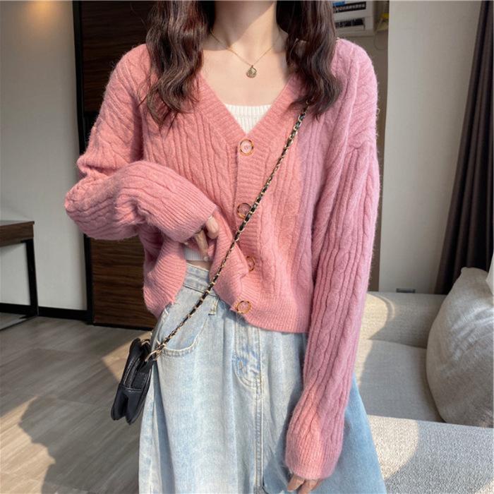 Autumn Design Sweater Twist V-Neck Short Long Sleeve Top Versatile Knitted Cardigan Loose Wind Jacket Women's Clothing