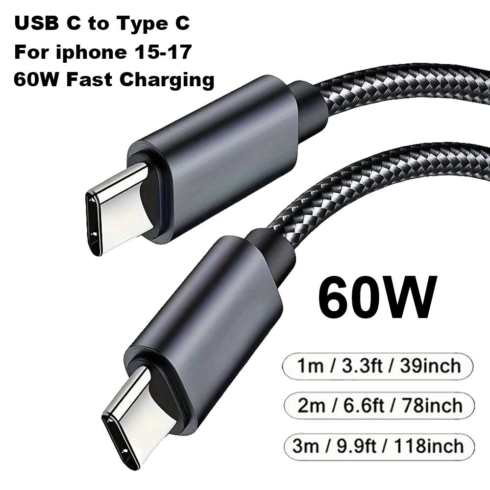 Nylon Braided 60W Type C Wire For iphone 15 16 17 pro max 1m 2m 3m USB C To Type C Fast Charge Cable for Samsung Xiaomi Huawei