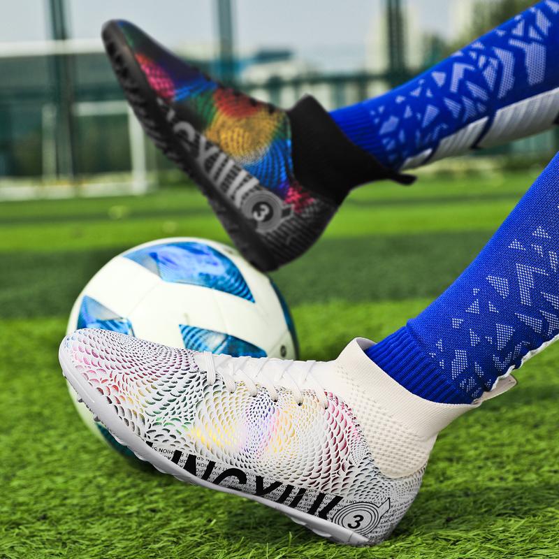 31-48унисекс футбольные бутсы с высоким верхом, эластичной резиной и мягкой подошвой TF футбольные бутсы мужские тренировочные специальные детские футбольные бутсы для соревнований