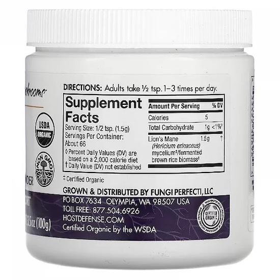 Fungi Perfecti-Host Defense, Грибы, Львиная грива, Порошок грибного мицелия, 3,5 унции (100 г)