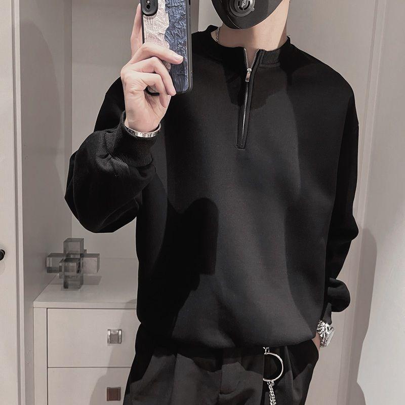 Spring Autumn Korean Casual Fashion Zipper Sweatshirt Man Business Loose All Match Male Pullover Tops Solid Streetwear Clothes