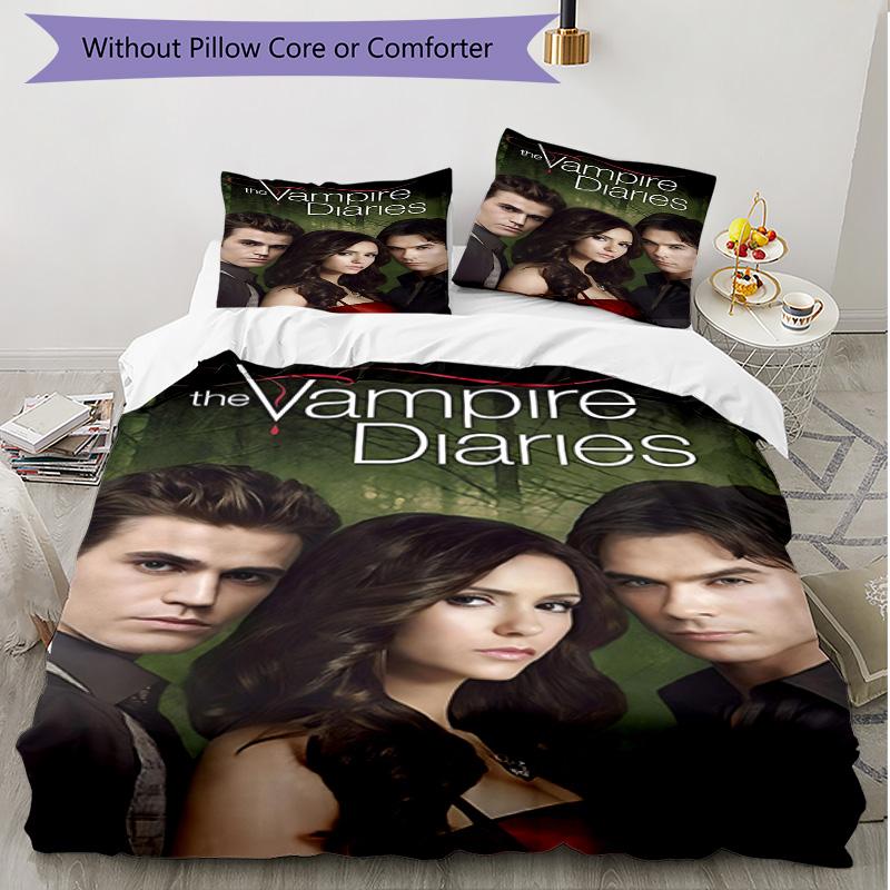 3pcs Duvet Cover Set (1*Duvet Cover + 2*Pillowcase, Without Core), The Vampire Diaries Print Soft All‑Season Bedding Set, Home Bedroom Decor Gift