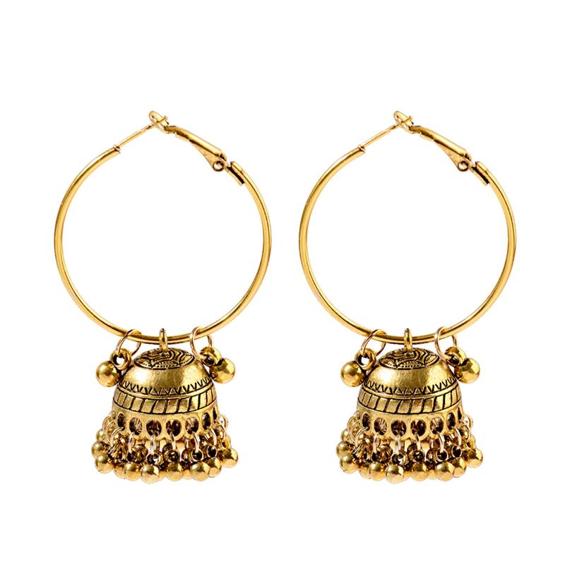 Women‘s Boho Ethnic Gold Copper Plated Jhumka Indian Earring Gypsy Zircon Vintage Big Bells Dangle Hanging Earrings For Women