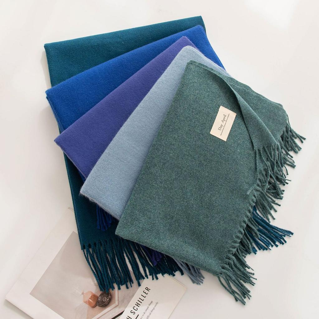 Blue Green Scarf for Girls with A Sense of Atmosphere In Winter Versatile Solid Color Long Scarf Imitation Cashmere Tassel Shawl Scarf Cold Color