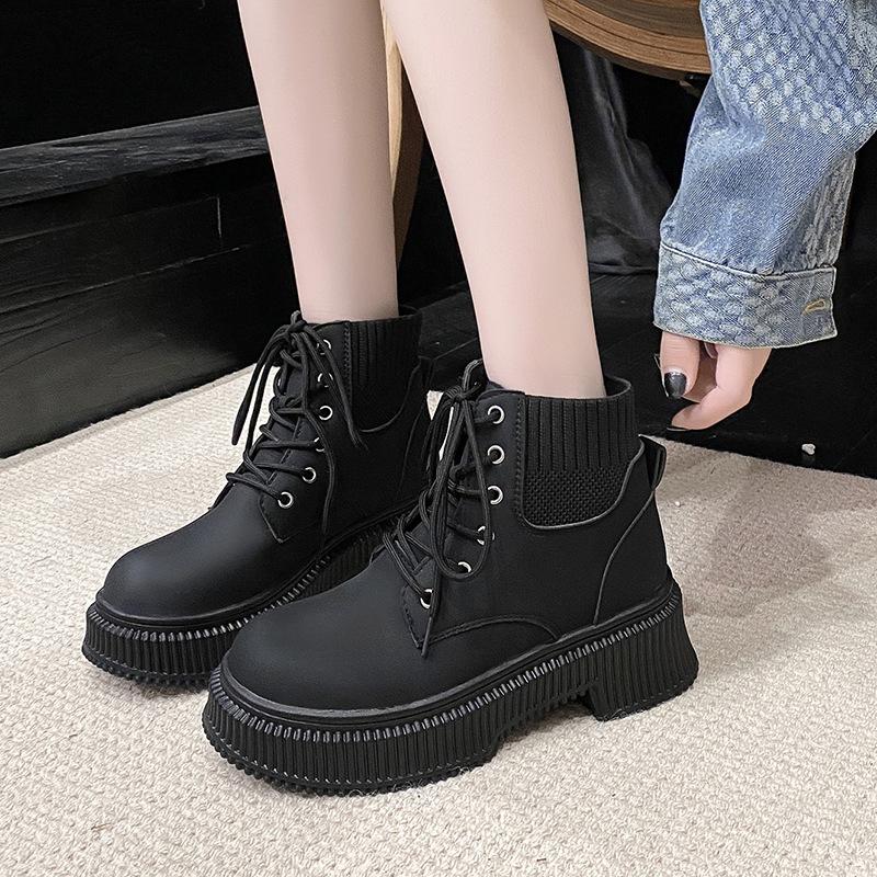 Thick Sole Boots Women's 2024 Autumn/Winter New Vintage High Top Lace Up Casual Shoes Fashion Knitted Short Boots Women Shoes