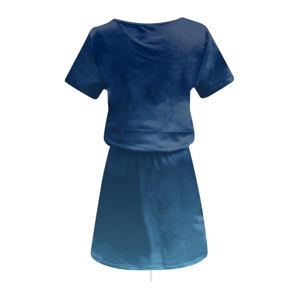 Women's Casual Printing Drawstring High Waist V-neck Short Sleeve  Dress