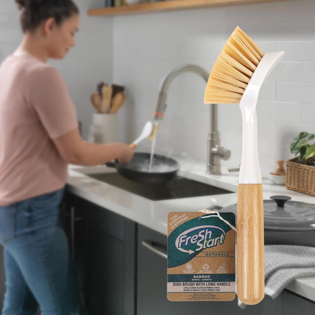 Wooden Long-Handle Kitchen Brush: Non-Damaging Pot Cleaner for Tough Grease Removal