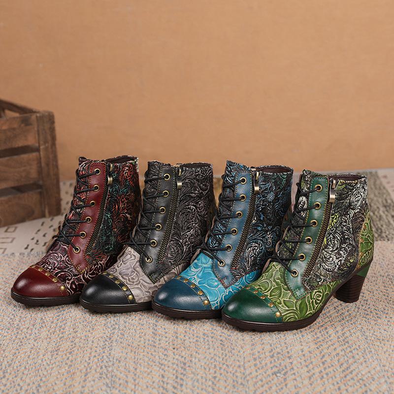 Johnature Винтажные цветочные натуральная кожа пэчворк заклепки ручной работы женские короткие сапоги на высоком каблуке