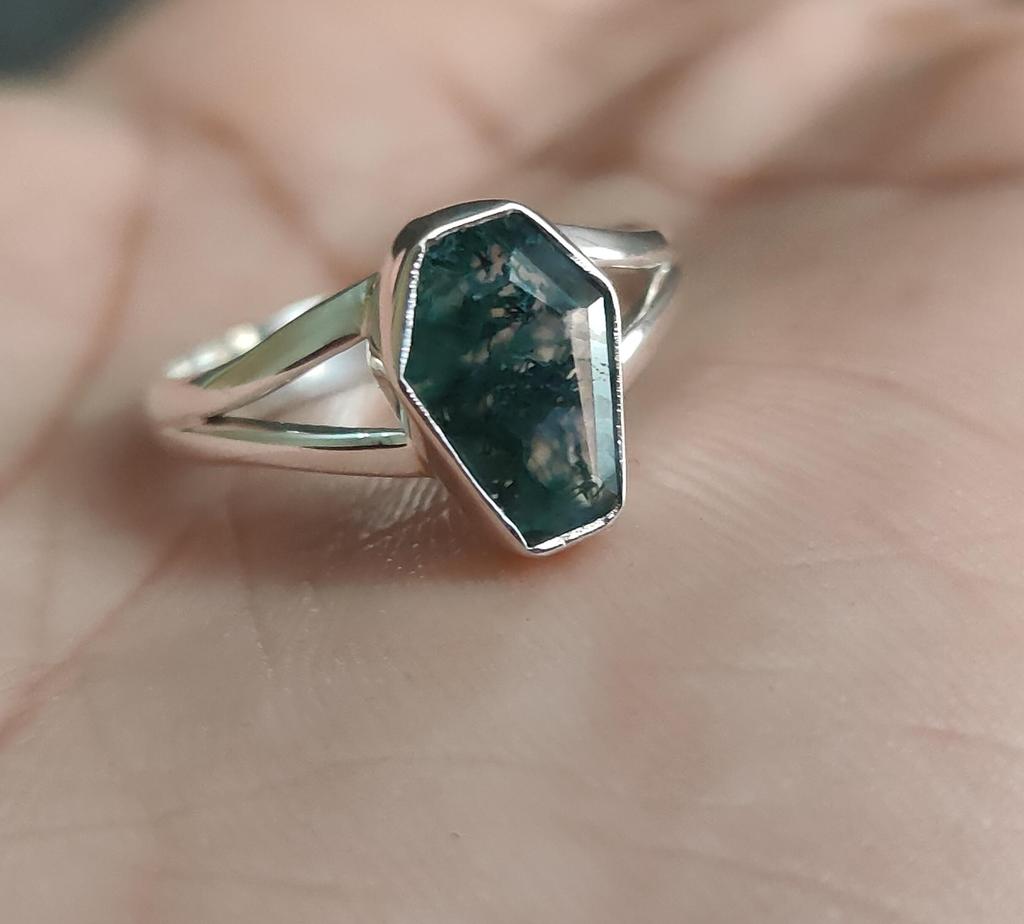 Tiny Coffin Ring, Moss Agate Ring for Women, 925 Solid Silver, Gemstone Handmade Jewelry, Boho Ring, Gift for Her, Minimalist Ring