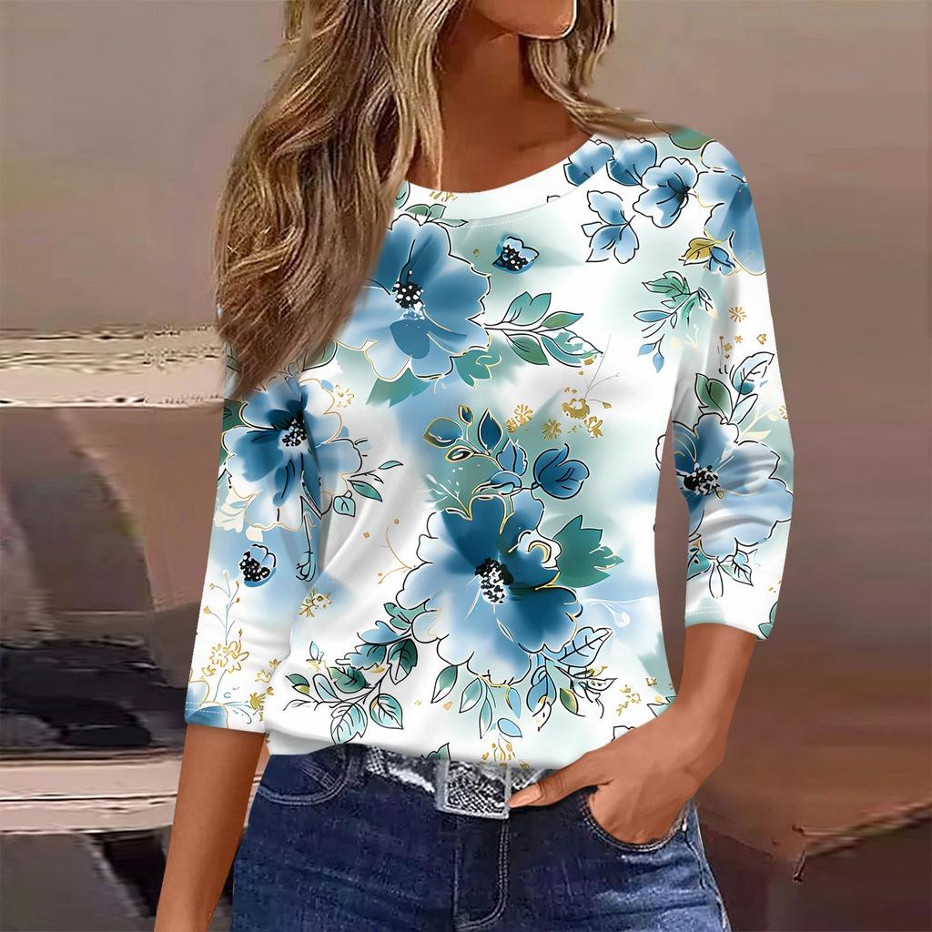 Женская футболка с принтом, рукав 3/4, повседневная, модная, на выходные, базовая, с круглым вырезом, стандартный топ