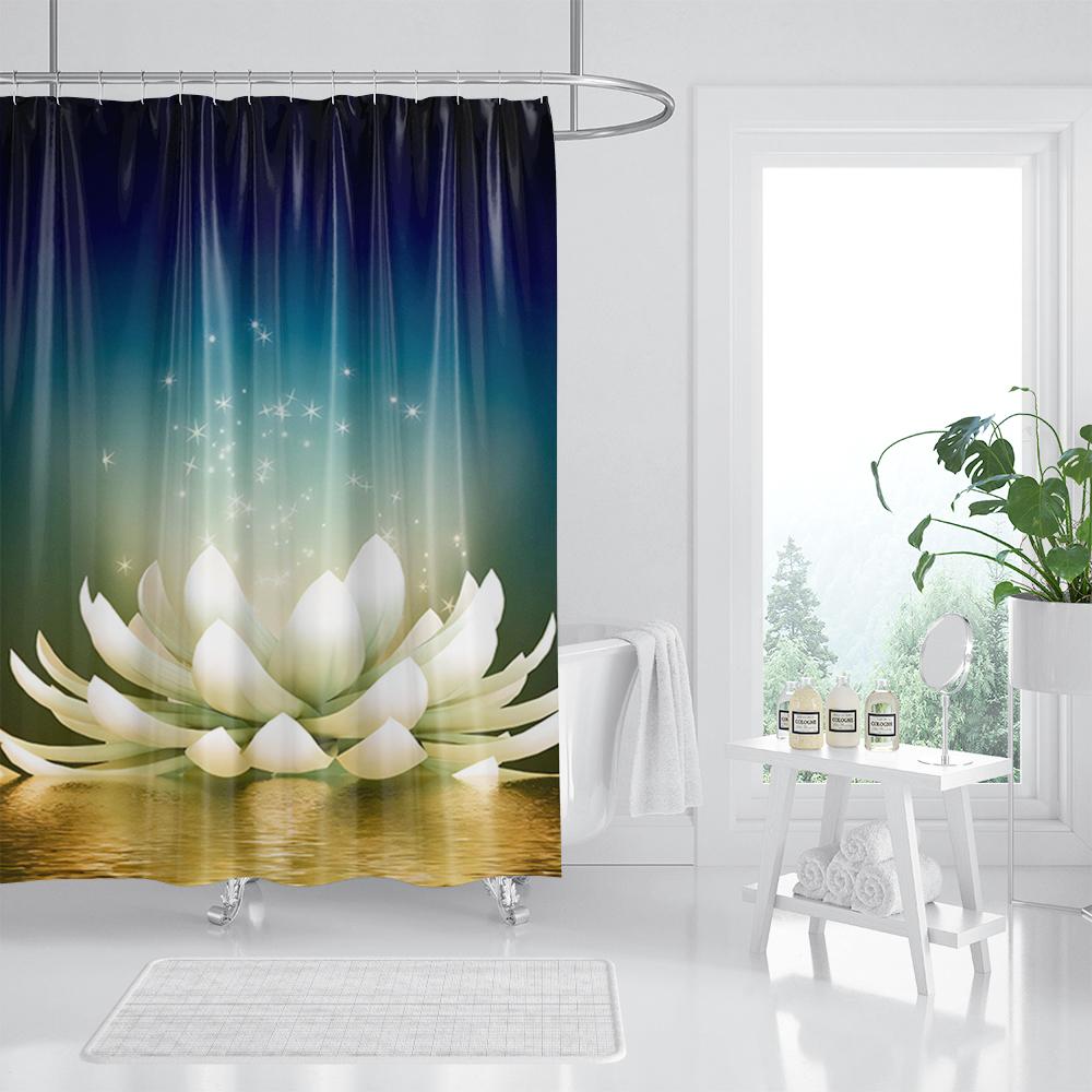 White Lotus Flower Shower Curtains for Zen Spa Bathroom Decor, Asian Floral Polyester Bath Curtain Set, Gift for Women and Girls
