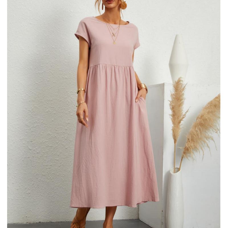 YYFS Женская мода лето весна однотонный принт с коротким рукавом и круглым вырезом свободная талия повседневные платья