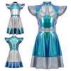 Kids Girls Glossy Metallic Outer Space Cutie Costume Halloween Alien Fancy Cosplay Costume Cap Sleeve Dress Roly Play Clothings