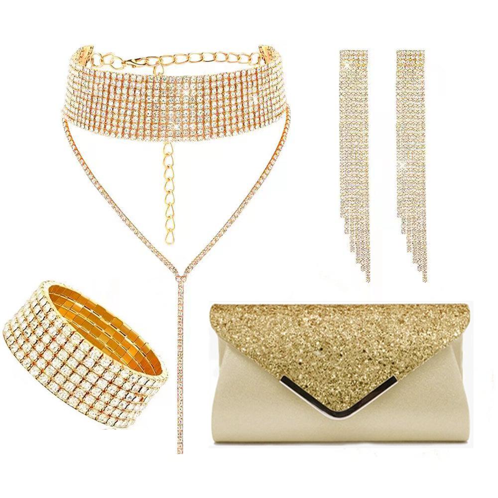 Fashion Set Necklace Soil Diamond Niche Geometric Tassel Earrings Bracelet Dinner Bag Four-piece Women's Set