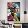 Vintage Wearing Pearl Earrings Girl Oil Painting On The Wall Posters Prints Flowers Wall Art Picture for Living Room Home Decor