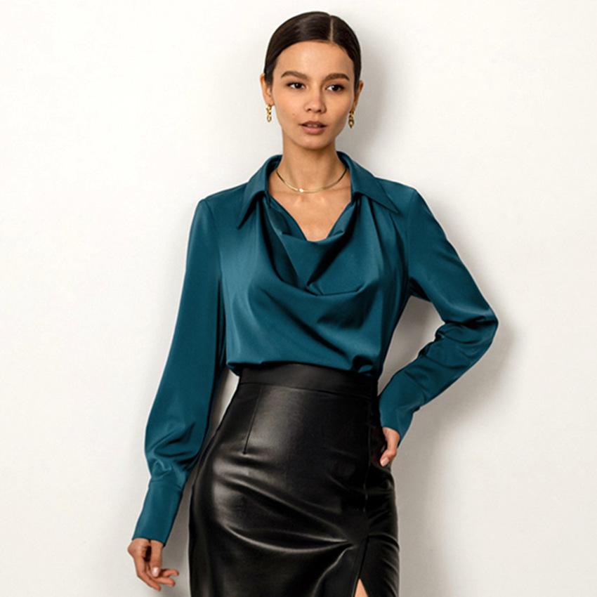 Workplace women's clothing European and American autumn new white light ripe top long-sleeved women's irregular collar drape shirt