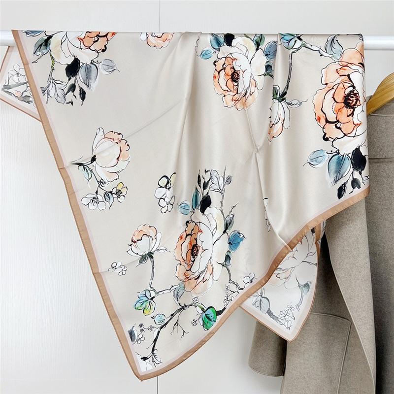 88*88cm 100% Mulberry Silk Retro Floral Garden Oil Painting Pattern Square Scarf Thin Sunblock Beach Towel Shawl Neckerchief