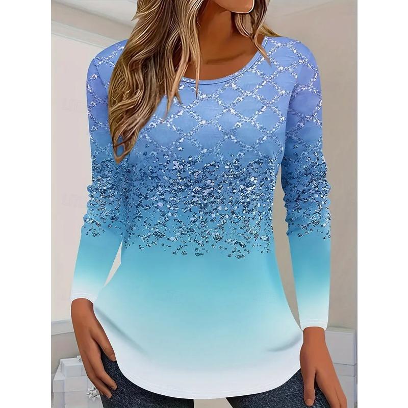 Women's T-shirt 3D Elegant Gradient Print Fashion Long Sleeve Round Neck Regular Top Holiday Weekend Spring and Autumn