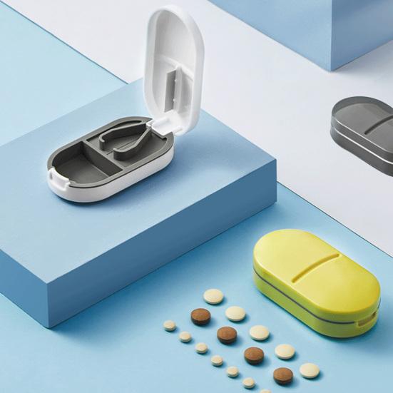 2-In-1 Portable Pill Cutter Box Food Grade Sharp Stainless Steel Blade Multi-functional Travel Capsule Tablet Storage Container Organizer