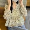Весенняя новая женская одежда Дизайн Sense Temperament Маленькая свежая рубашка с V-образным вырезом Маленький цветочный топ с длинными рукавами