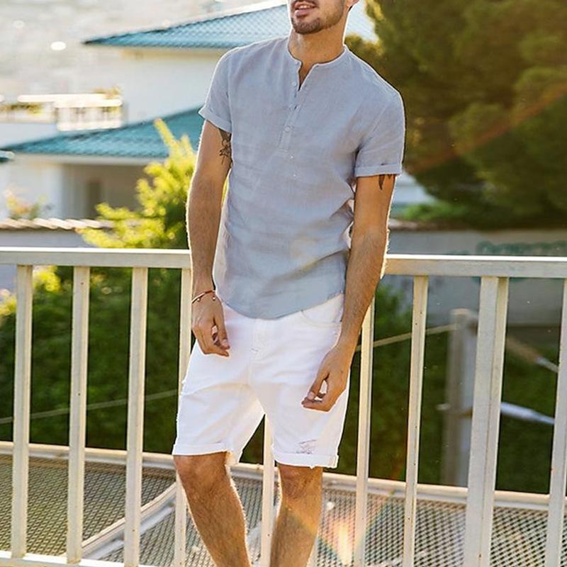 Мужская однотонная дышащая футболка на пуговицах с воротником на пуговицах и короткими рукавами, свободная повседневная футболка для мужчин, хлопковая легкая мягкая удобная пуловерная верхняя часть