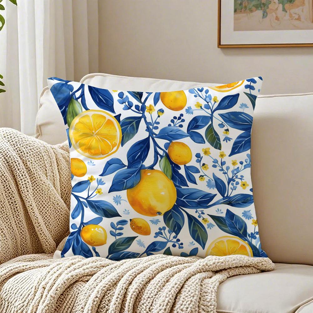Fresh Elegant Art Blue Watercolor Lemon Cushion Cover Linen Pillowcase Soft  for Sofa Bed Home Room Decor