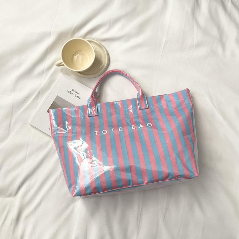 Stripe PVC Striped Tote Bag Letter Print Letter Prints Handbags Grocery Handbag