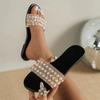 2026 Summer Large Size Flat Bottom Pearl One Word Sandals Slippers Dew Rip Female Slippers Comfortable Women's Shoes