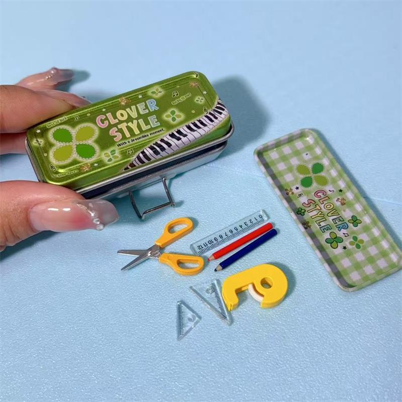 Кукольный домик Миниатюрный Двухслойный Железный Пенал Ручка Линейка Измерительная лента Ножницы Модель Микроландшафтный Декор Игрушка для ролевых игр