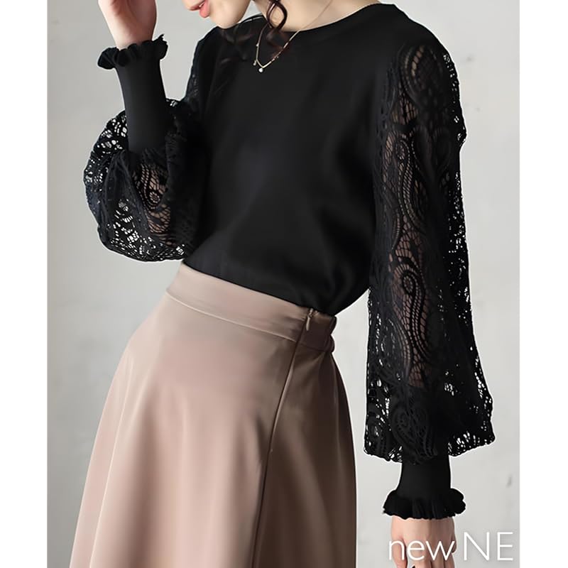 [Newne] Sleeve lace puff sleeves tops knit Transparency long sleeve Beautiful Elegant formal pullover spring autumn knit sew See-through sleeve