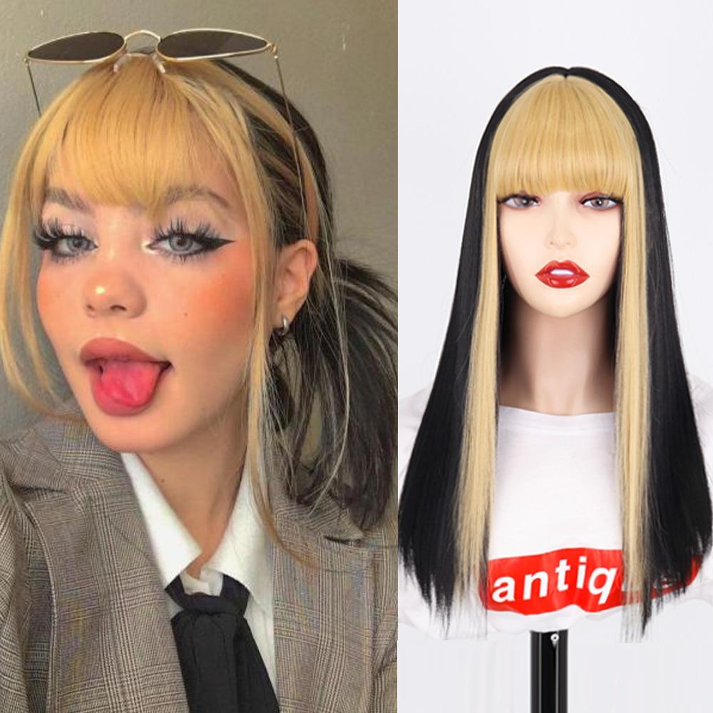 MERISIHAIR Women Straight Mixed Color Hair Wig with Bangs Black Hair with Blond Red Purple Pink Bangs Synthetic Fiber Cosplay Party Wig