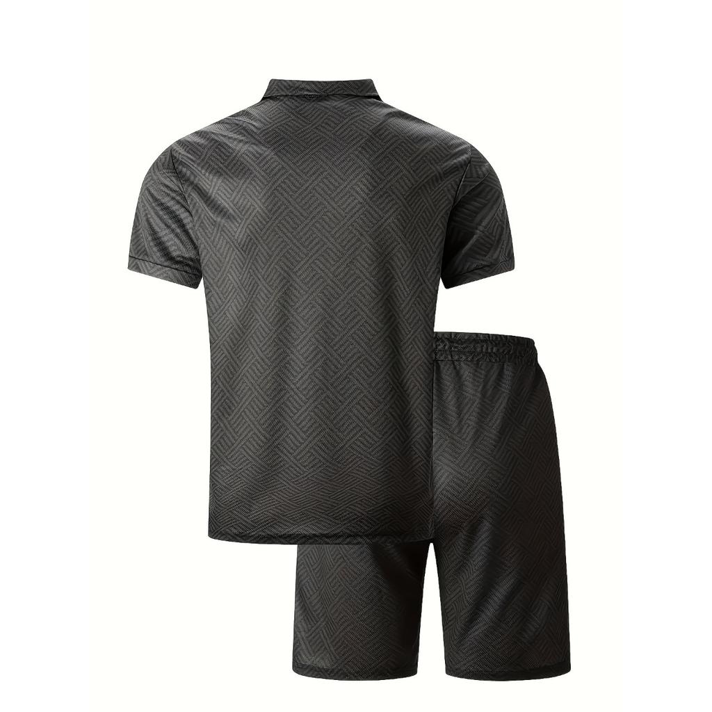 Мужской повседневный костюм с тропическим принтом - черная рубашка с коротким рукавом на молнии и белые шорты с карманами, полиэстер, машинная стирка