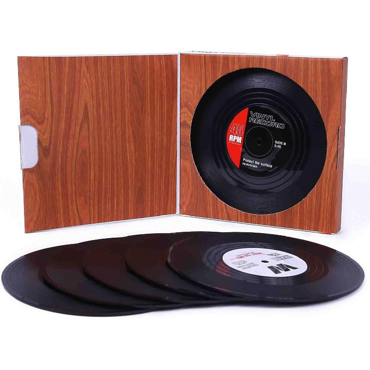 Coasters for Drinks with Gift Box - Set of 6 Colorful Retro Vinyl Record Disk Coasters with Funny Labels-Prevent Furniture from Dirty and