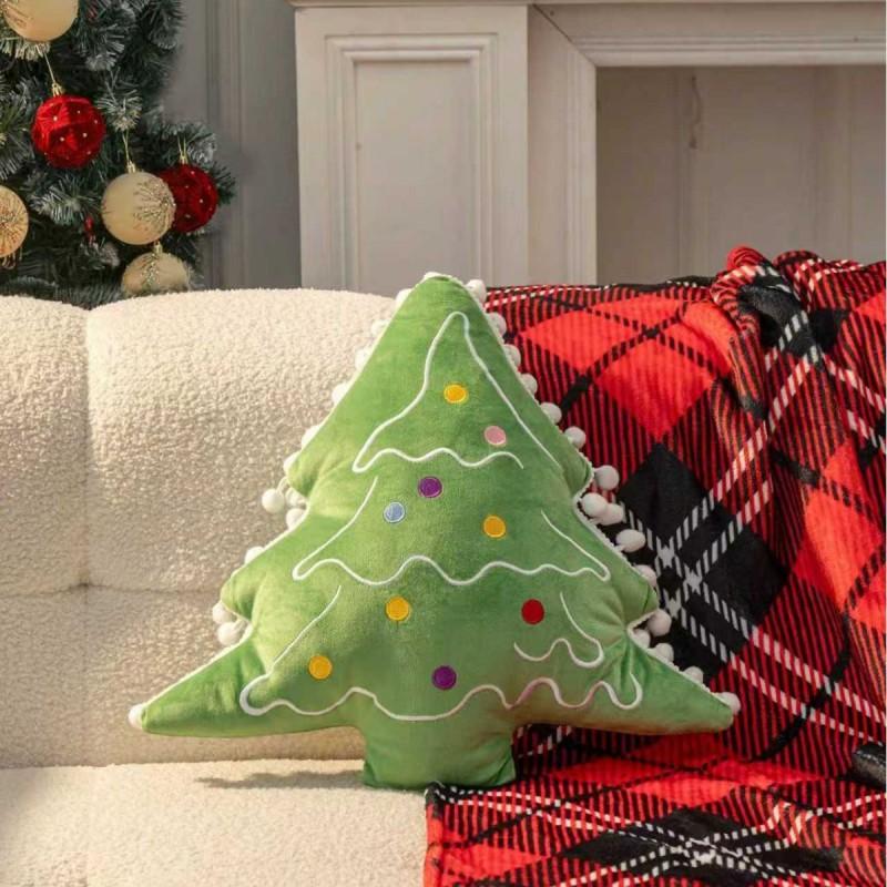 Plush Christmas Tree Pillow Decorative Cushion Sofa Bed Living Room Nap Support Soft Throw Embroidered Floral Design
