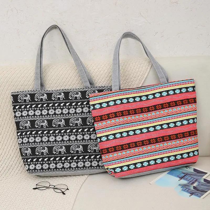 WTEMPO Double-sided Printed Women's Single Shoulder Bags Large Capacity Handbags Large Ethnic Style Leisure Shopping Tote Bags