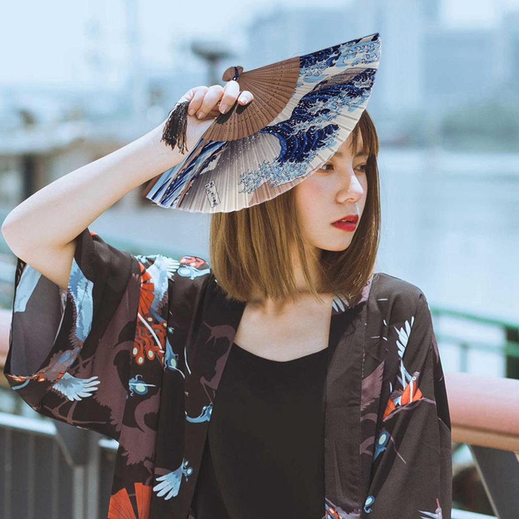 Японский складной веер винтажный шелковый ручной работы декоративный волна Канагавы складной веер искусство ремесло подарок ручные веера реквизит для выступлений