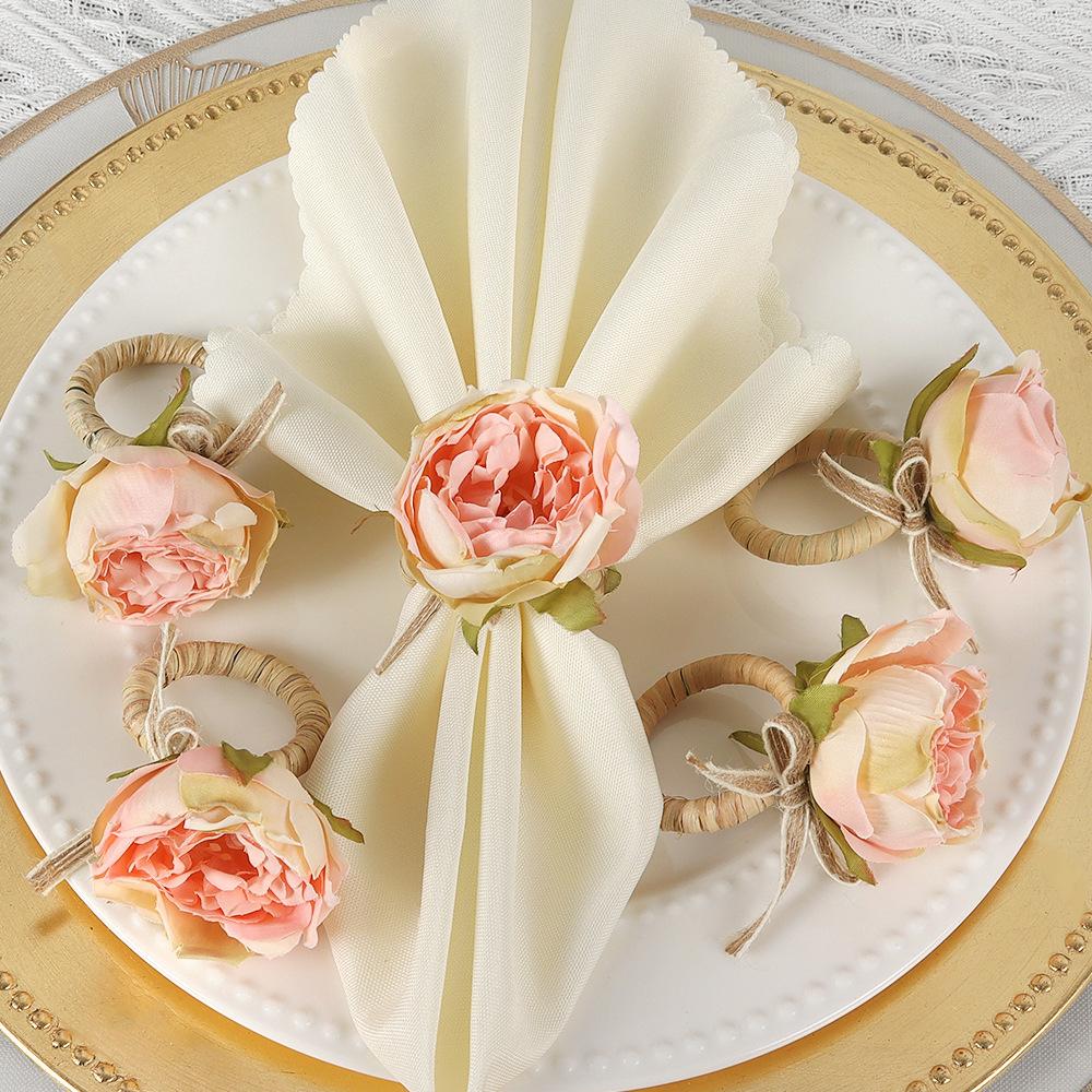 4PCS Elegant Pink Peony Flower Napkin Rings - Handcrafted with Burlap & Twine, Perfect for Weddings, Luncheons, Picnics, Banquets, Christmas