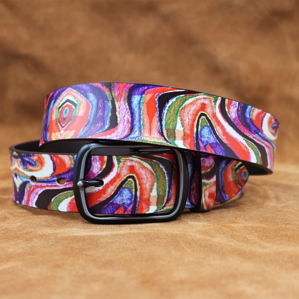 Original, Real Cowhide Retro Rainbow Color Graffiti Printed Belt, Personalized Retro Belt American Japanese And Korean Style