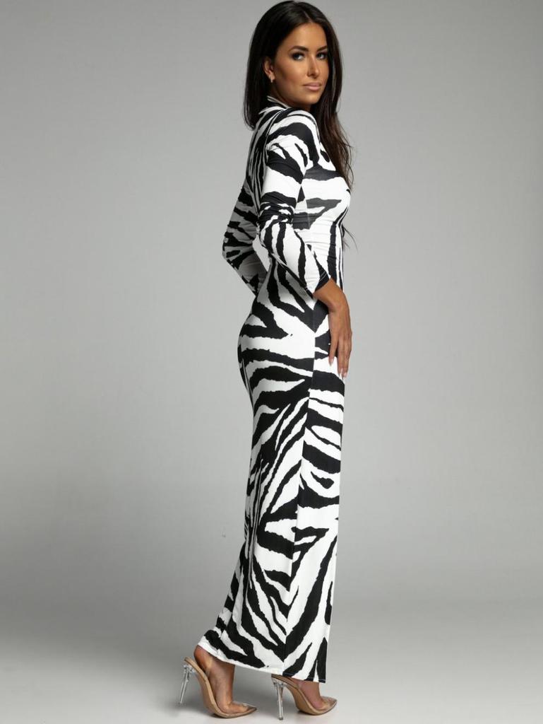 Женское вечернее платье с леопардовым принтом, длинным рукавом и разрезом