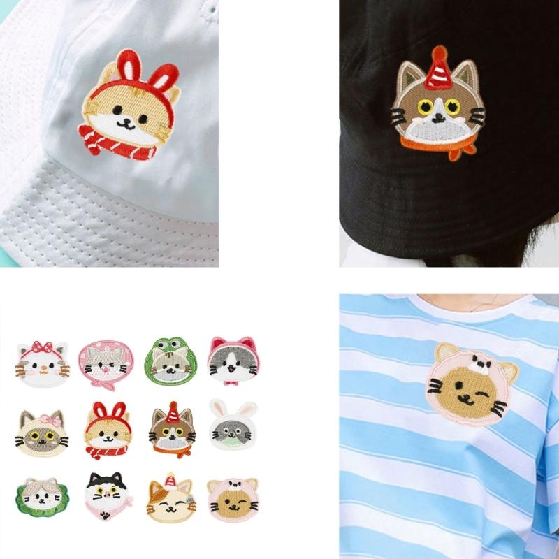 12 шт. Мультяшные кошки Термонаклейки Наклейки на одежду Животные Заплатки для ремонта Вышитые заплатки для украшения сумки