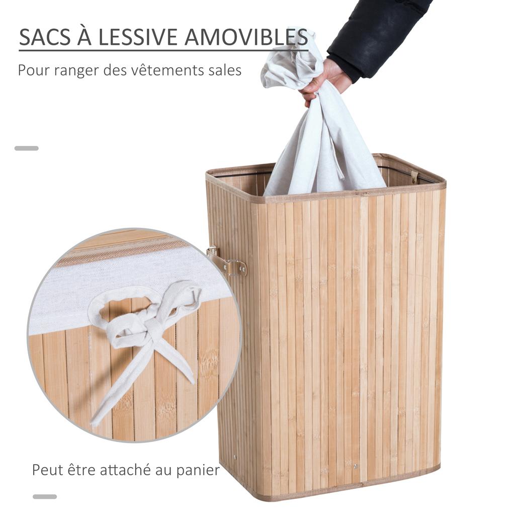 Bamboo Laundry Basket Hamper, Foldable, Lid, Removable Bag, 3 Handles, 40 x 30 x 60 cm, Beige