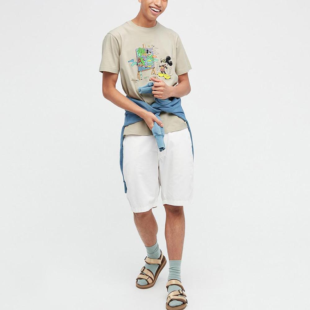 Uniqlo X Стивен Харрингтон Микки Мультяшный Принт Футболка с коротким рукавом Унисекс Топы Светло-бежевый 445593-30