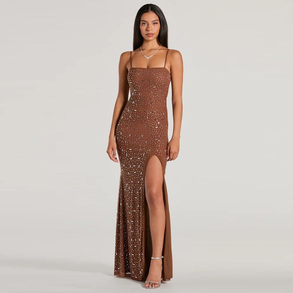 Women's Shiny Diamonds Sexy Halter Split Long Dresses