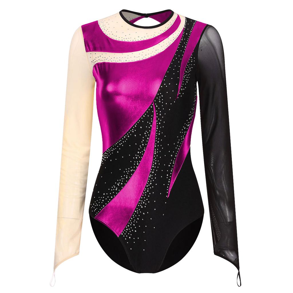 Womens Gymnastics Leotard Metallic Contrast Color Patchwork Sheer Mesh Long Sleeve Cutout Back Rhinestones Dancewear