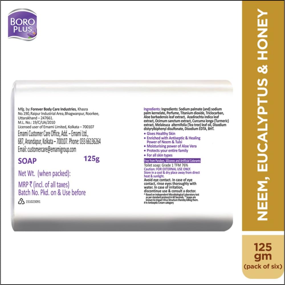 Boroplus Antiseptic Moisturising Bathing Soap With Neem Eucalyptus Honey 125G X 6 For Soft Smooth Skin