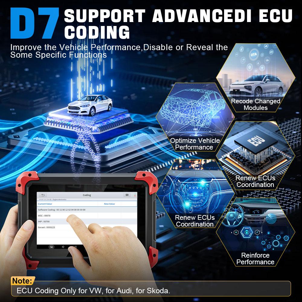 Сканер XTOOL D7 OBD2: Инструмент для диагностики всех систем автомобиля, упрощающий техническое обслуживание транспортного средства.