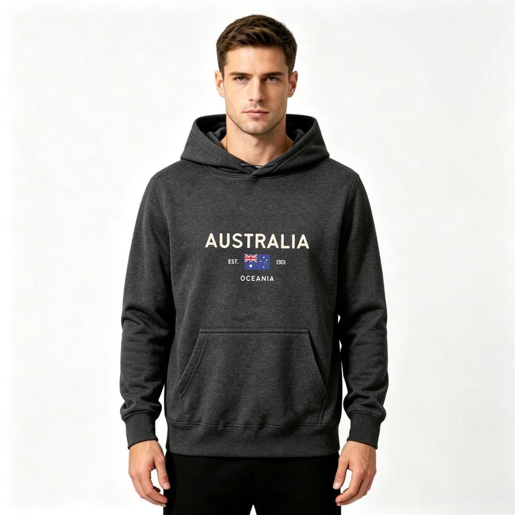 Men's Australia Oceania EST 1901 Flag Print Hoodie Casual Long Sleeve Pullover Hooded Sweatshirt Adult Men Autumn Winter Warm Streetwear Tops